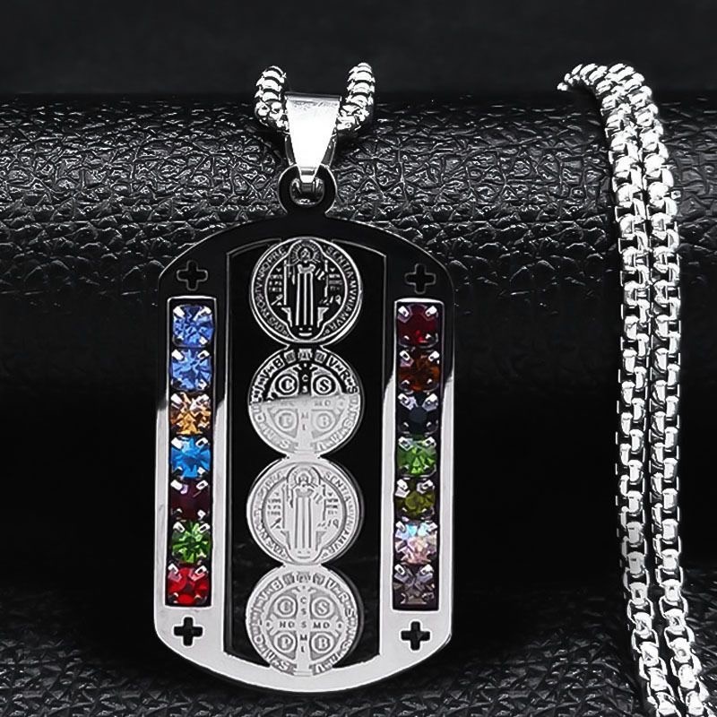 Stainless St. Benedict Medal Pendant Colorful Zirconia Religious Unisex Necklace