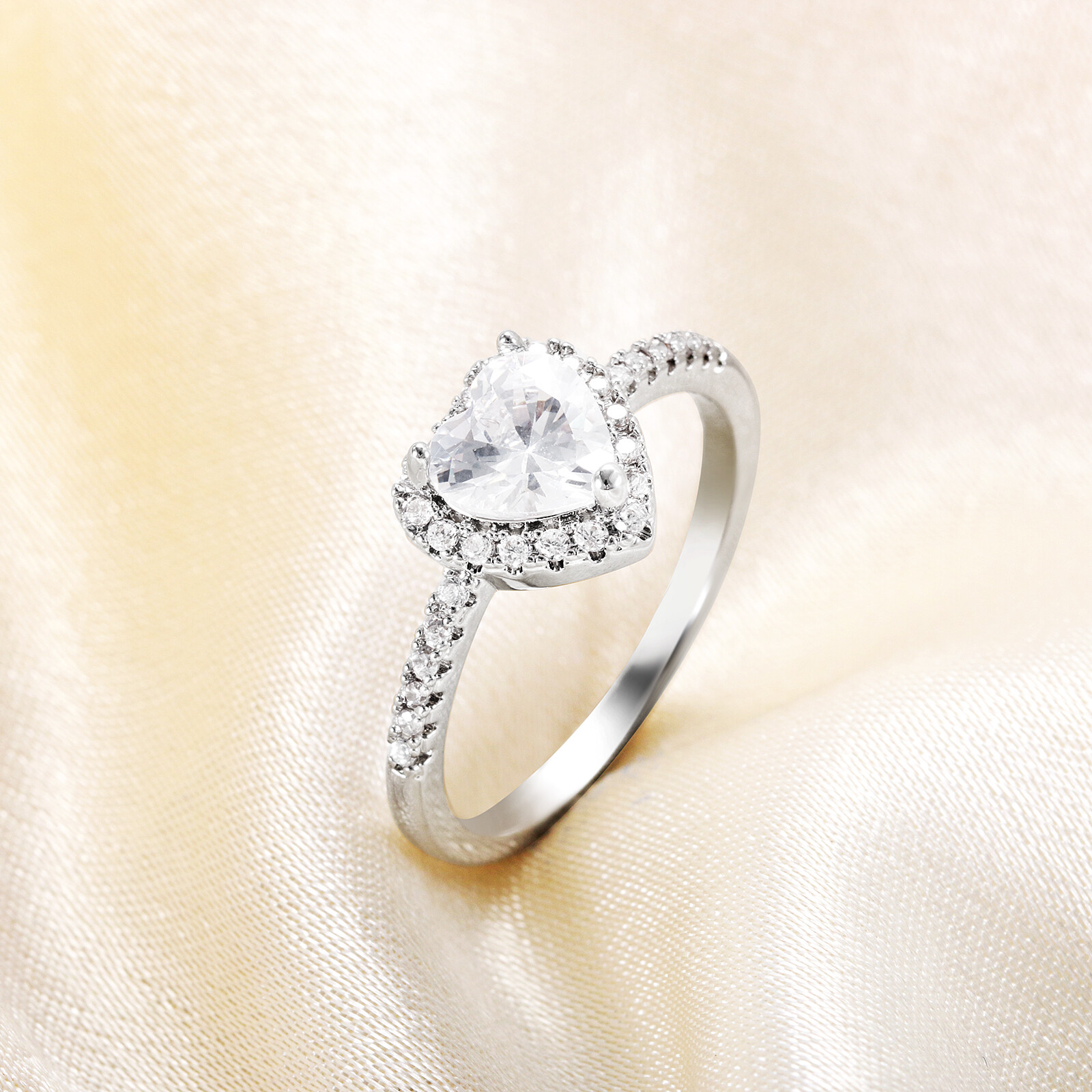 Women Stainless Steel Heart Cubic Zirconia CZ Solitaire Engagement Wedding Ring