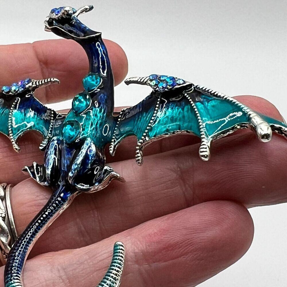 DRAGON BROOCH Pin Pendant Blue Rhinestone Enamel Silvery Tone Costume Jewelry