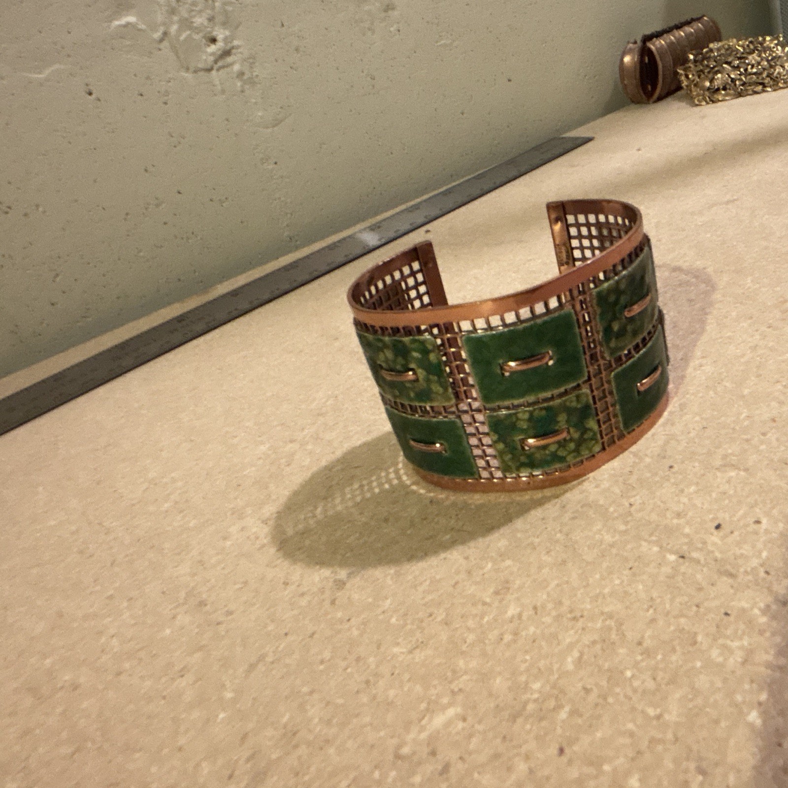 vintage Matisse Renoir copper cuff bracelet featuring vibrant green enamel