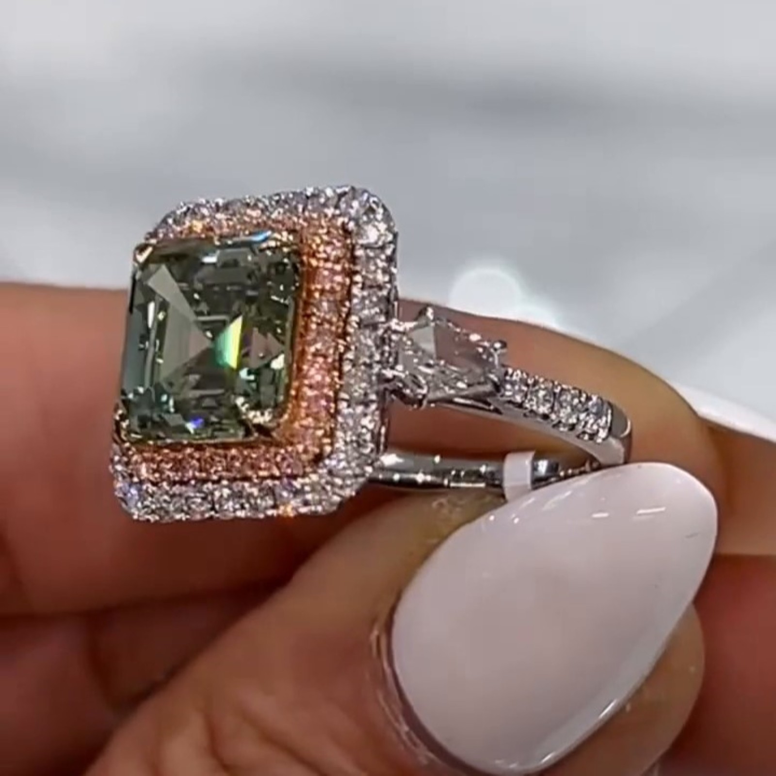 2CT Asscher Cut Cubic Zirconia Double Halo side Baguette Hidden Halo Wedding Her