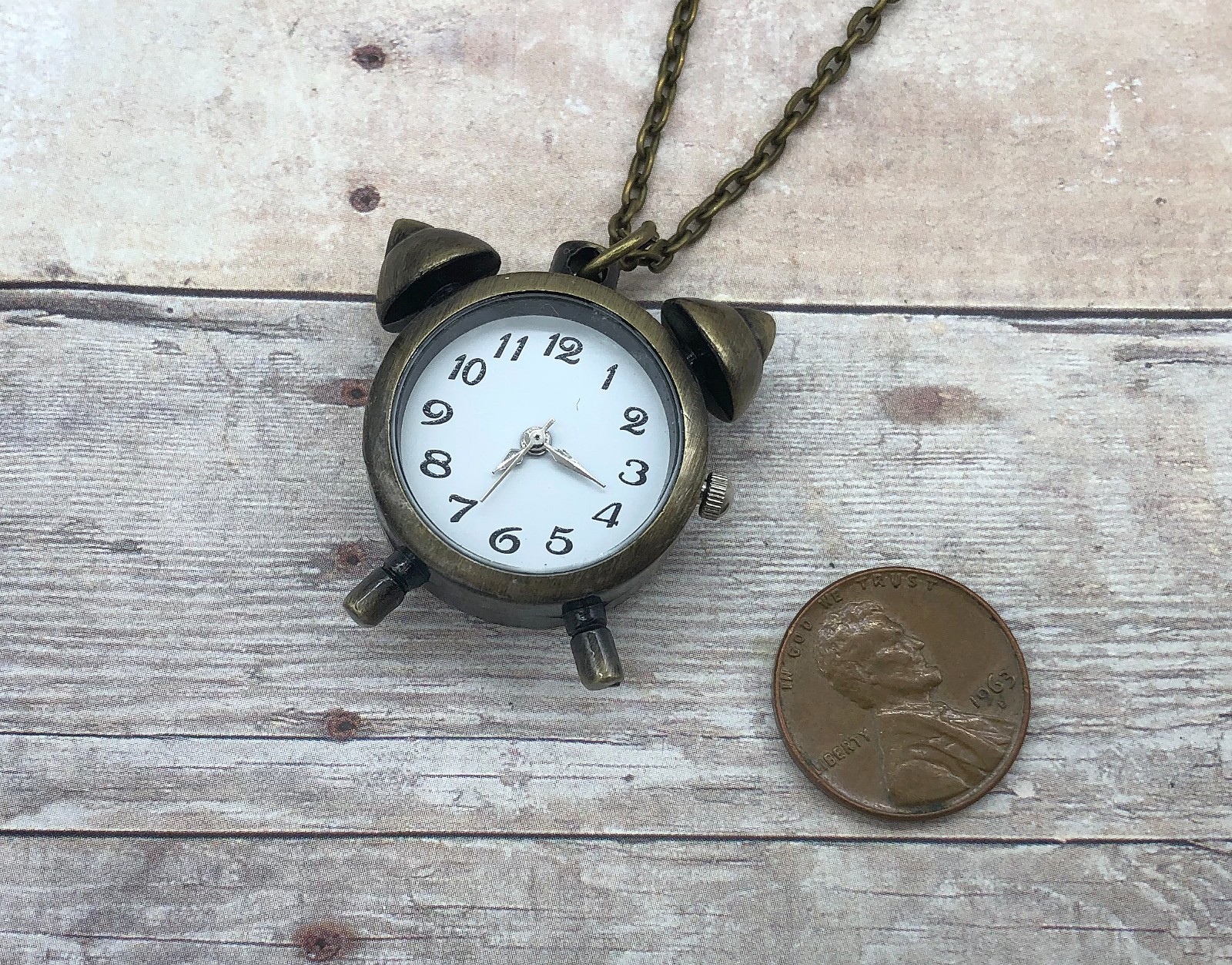 Vintage Bronze Alarm Clock Pocket Watch Necklace Quartz w/ 31 ” Chain & Battery