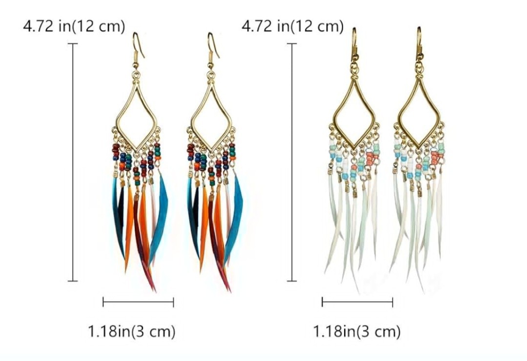 Bead Earrings 2 PC Set Feather Tassel Gold Boho Ethnic Retro Bohemian Dangle