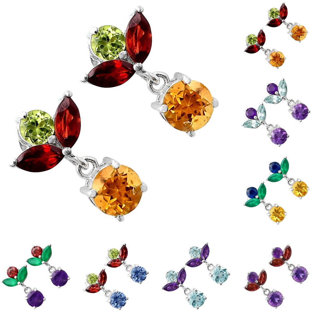 Handmade 925 Sterling Silver Multi Gemstone Drop Earrings for Women DGE1051