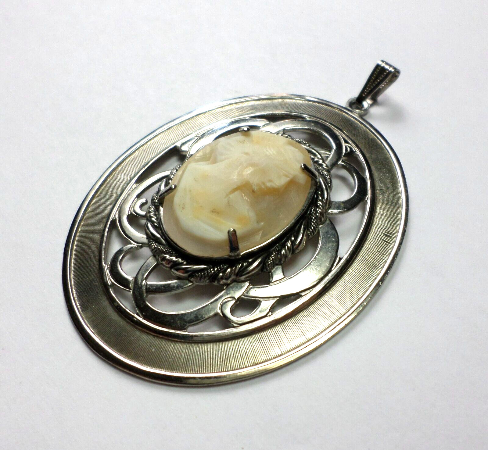 Vintage Woman Shell Cameo 30x22mm Facing Right XLarge Silver Pendant 84x55mm