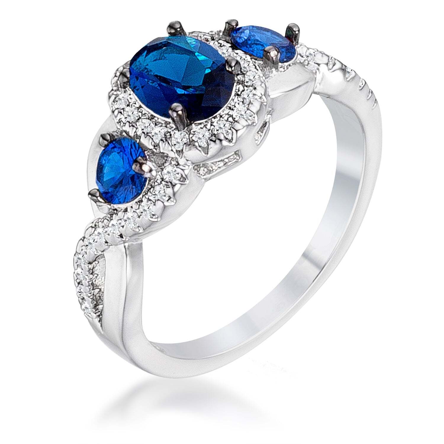 1.43Ct Rhodium Hematite Plated Sapphire Blue Clear CZ Three Stone Twisted Ring