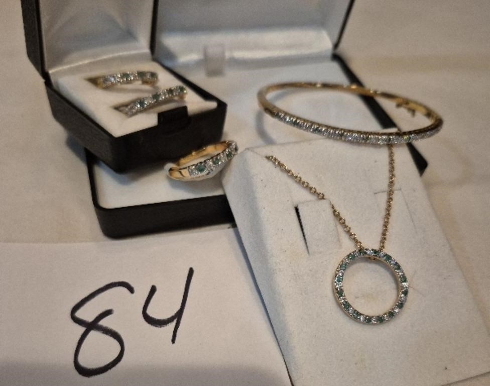 STI Genuine Emerald and Cubic Zirconia Set Necklace, Ring, Earrings and Bangle