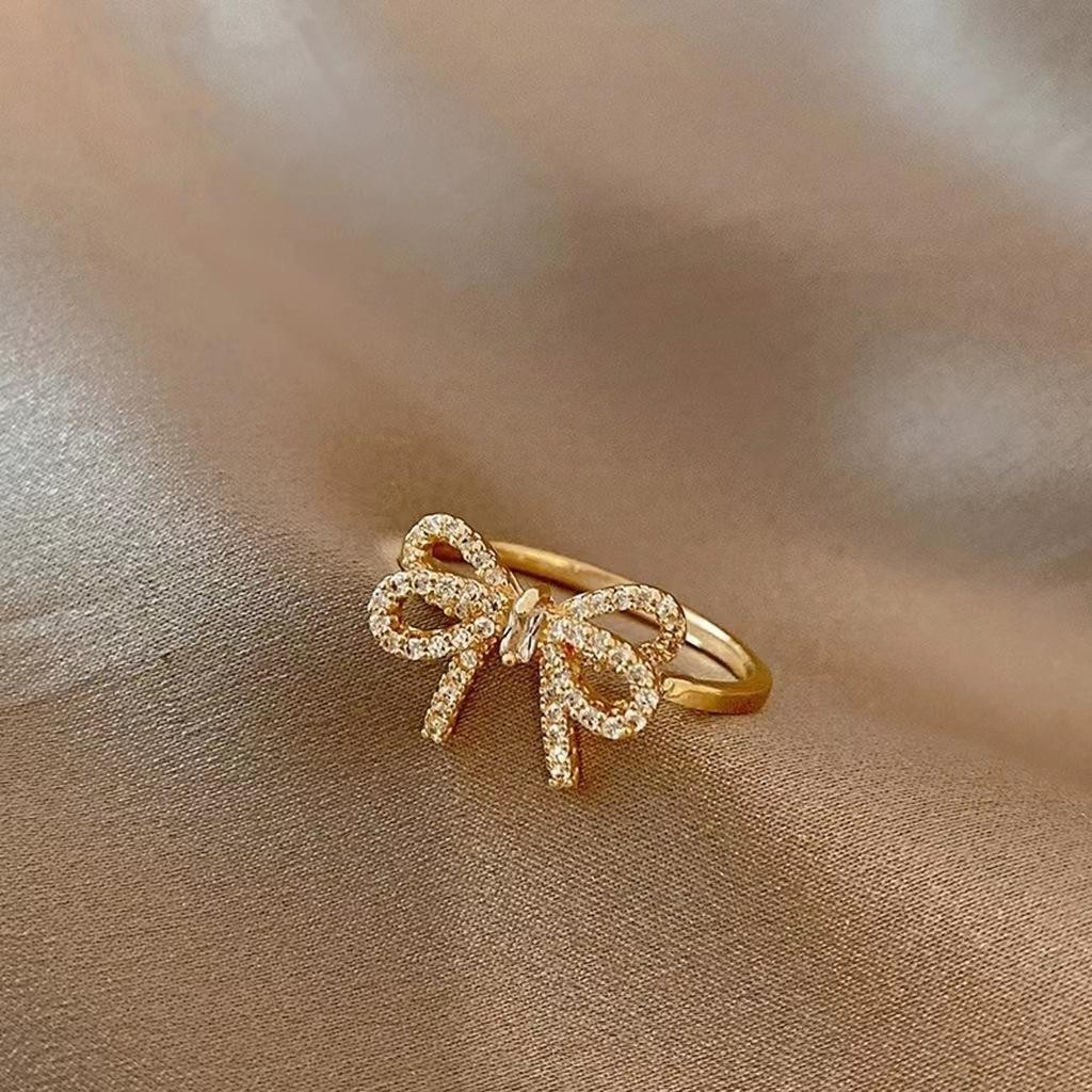 Minimalist Bow Knot Open Ring Crystal Zirconia Gold Silver Color for Women Gift
