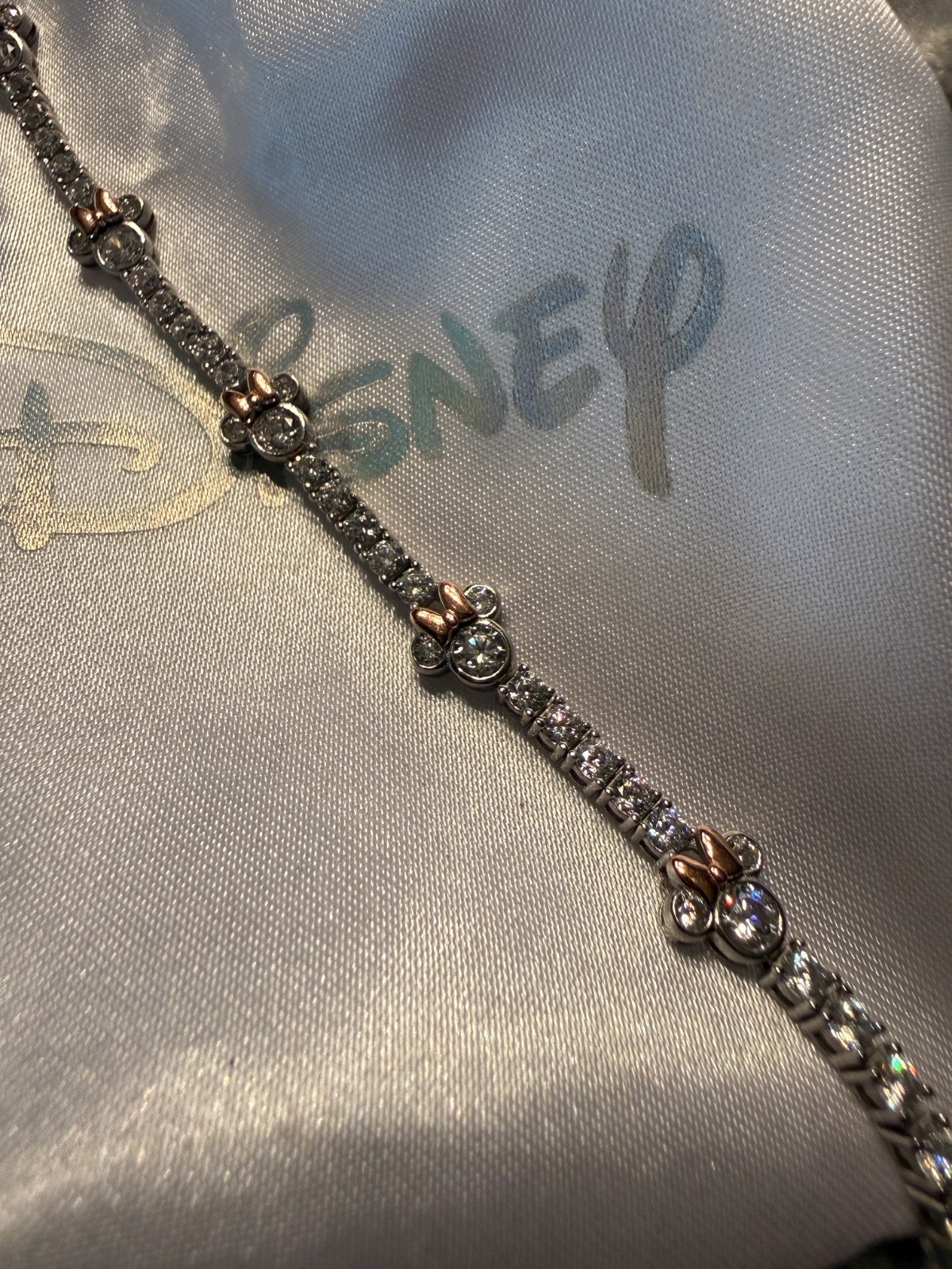 Diamonique Silver and Rose Gold Minnie Mouse Tennis Bracelet w/ Pouch and Box