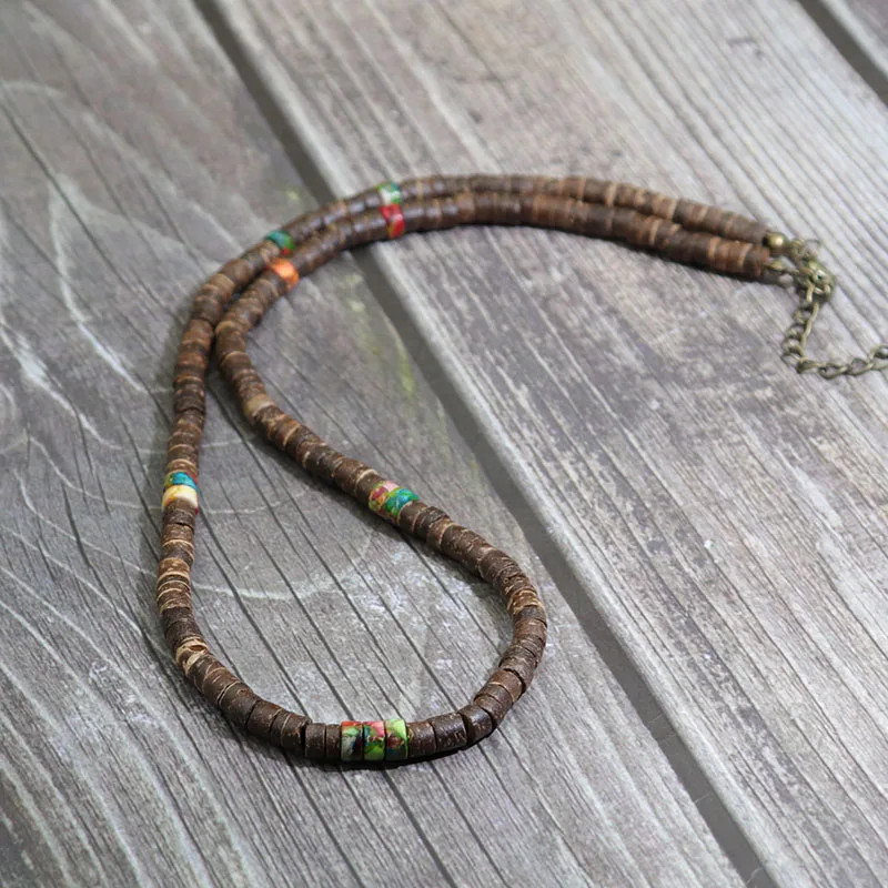 Natural Coconut Wood Necklace 19 Inch Round Bead Rope Chain Men Jewelry