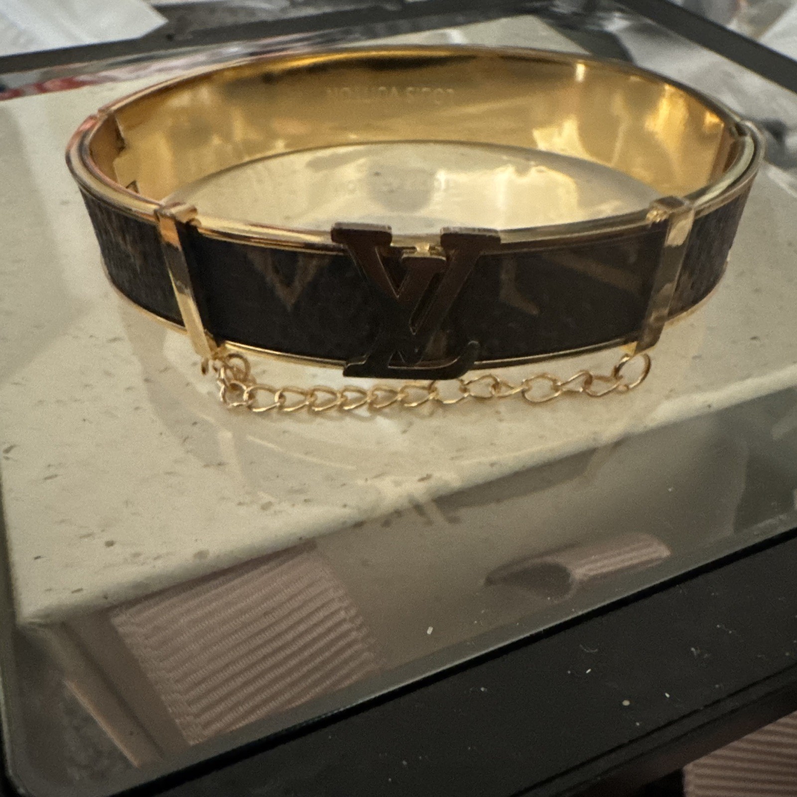 Louis Vuitton LV Monogram Gold Tone Bangle Bracelet w/ Cable Chain Signed