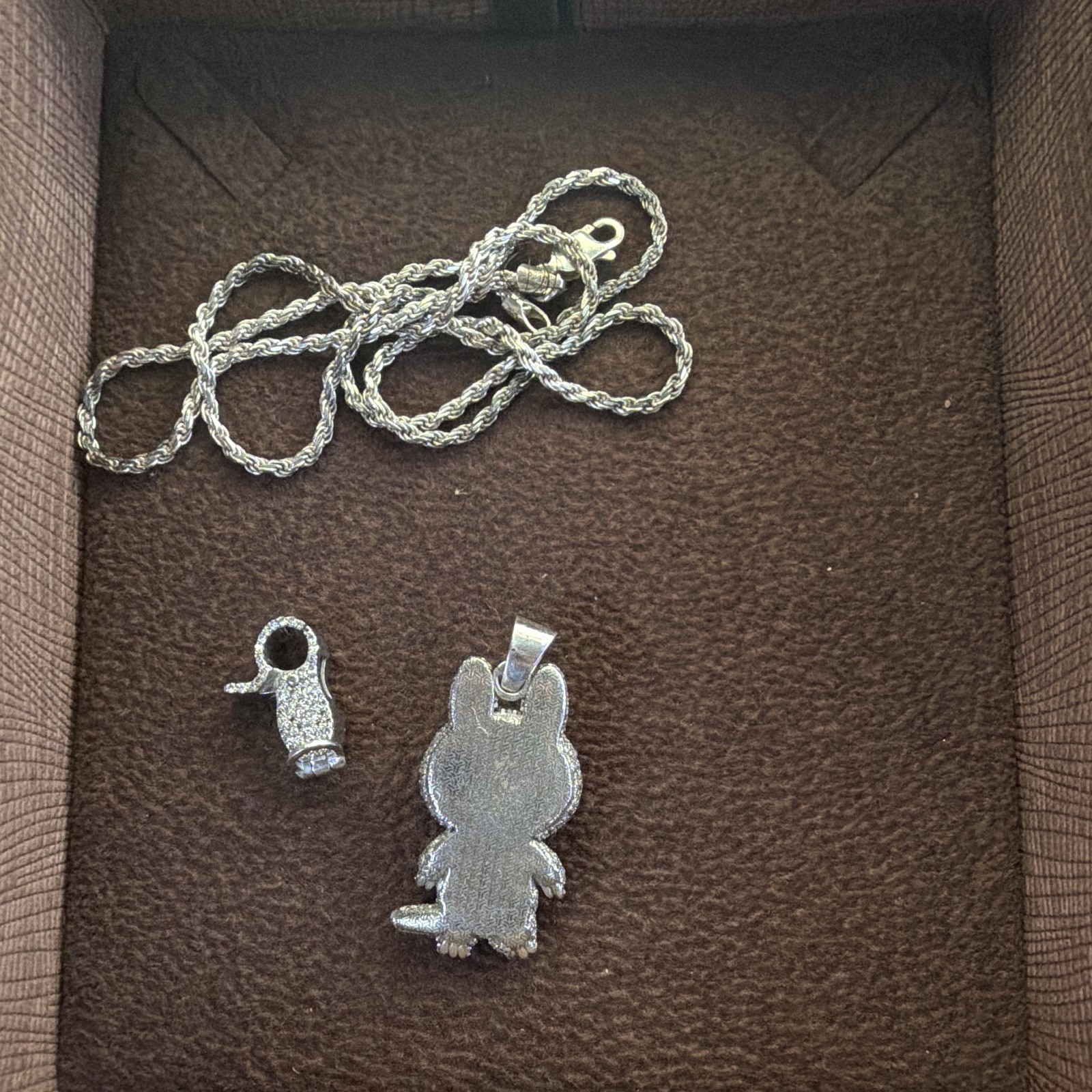 Silver Tone Rope Chain Necklace Cartoon Crystal Pavé Charm Pendant Lobster