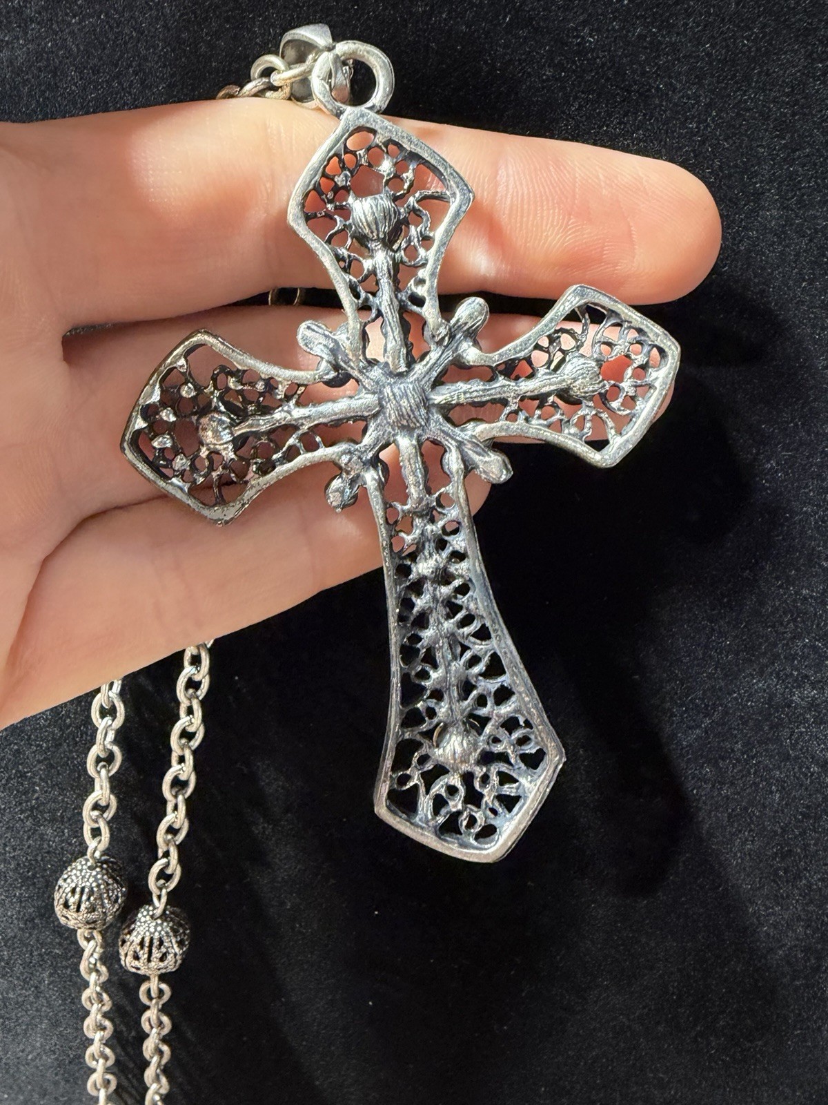 Vintage Silver Tone Filigree Rhinestone Cross Pendant Necklace Long Chain ~34in