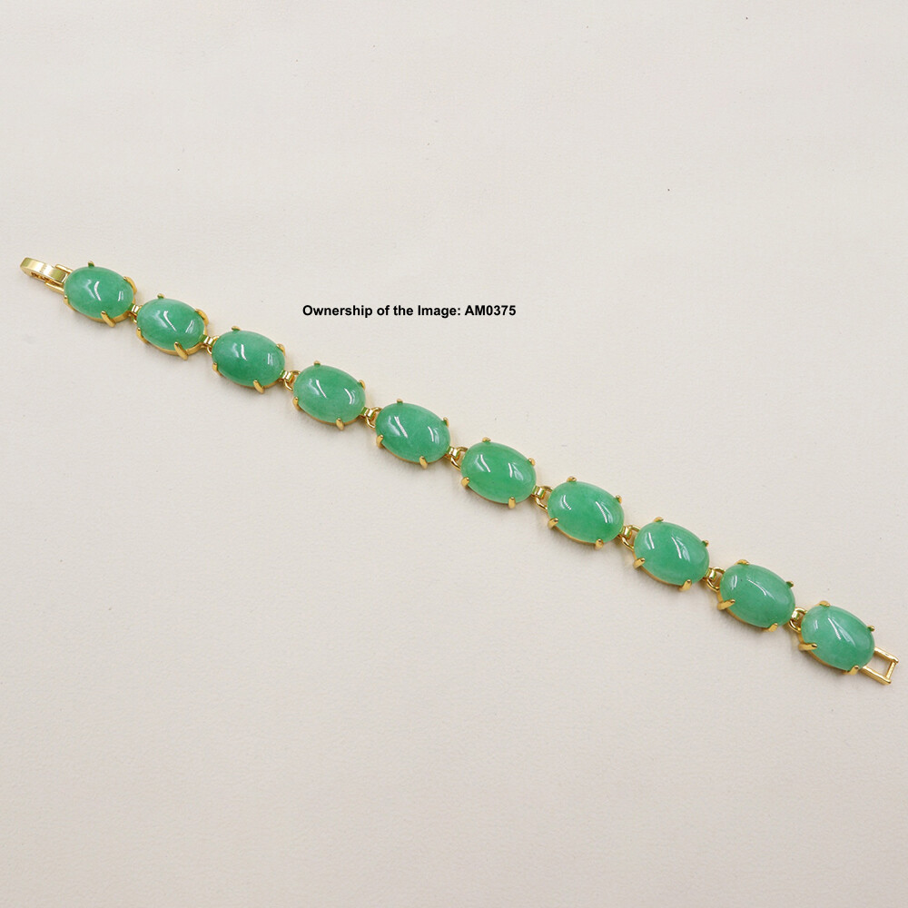 18K Gold Plated Alloy Heated Green Jade Oval Gemstone Bracelet Gift 7.08INCH