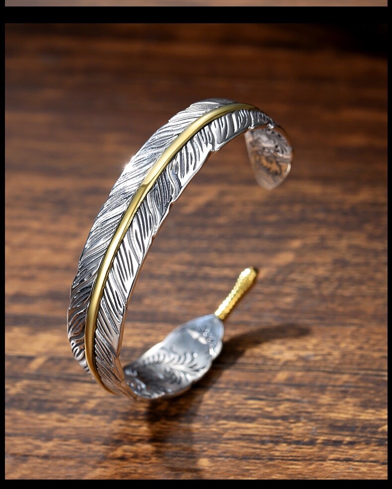 Men’s Fashion Jewelry Silver Feather Adjustable Bangle Cuff Bracelet 1-268