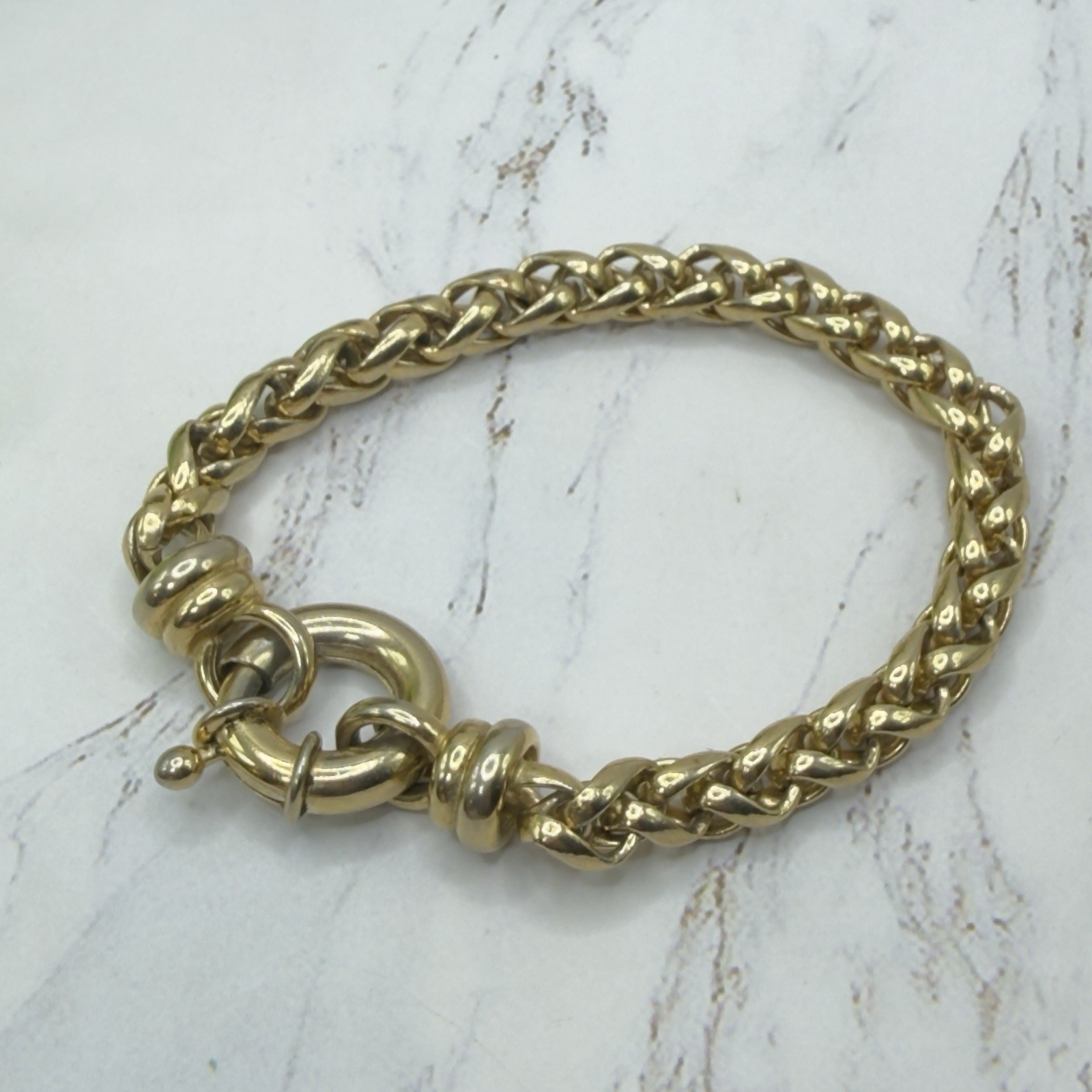 Gold Tone Wheat Link Chain Bracelet Large Spring Ring Bolt Clasp Fashion Jewelry