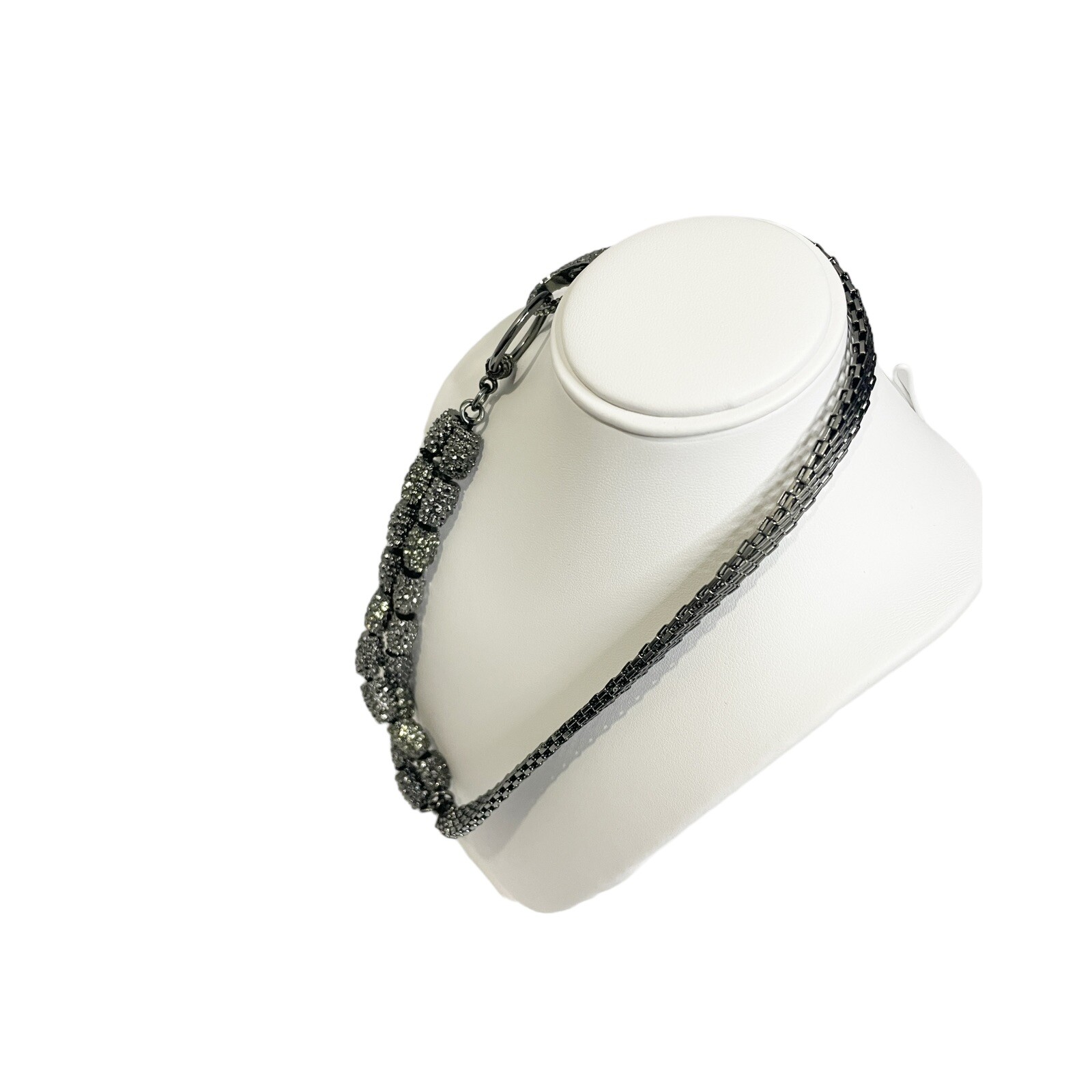 Gunmetal Gray Necklace Interlocking Metal Mesh Links Shiny Tube Beads Strand