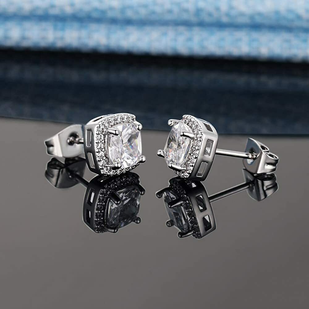 925 Sterling Silver Round Square Cubic Zirconia Halo Stud Earrings 2 Pair Set
