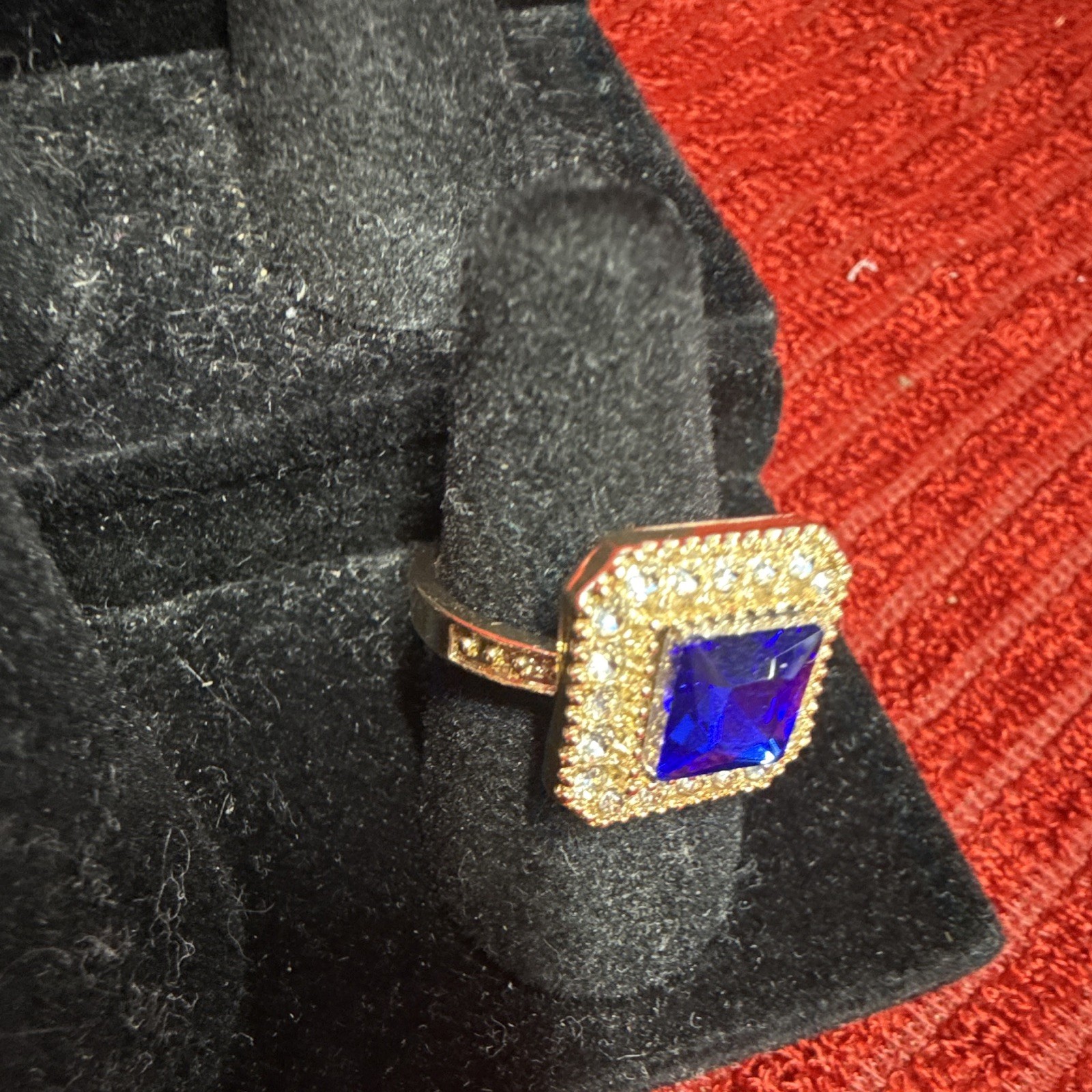 Square Blue Stone Halo Rhinestone Cocktail Ring Gold Tone Prong Set Size 9 US
