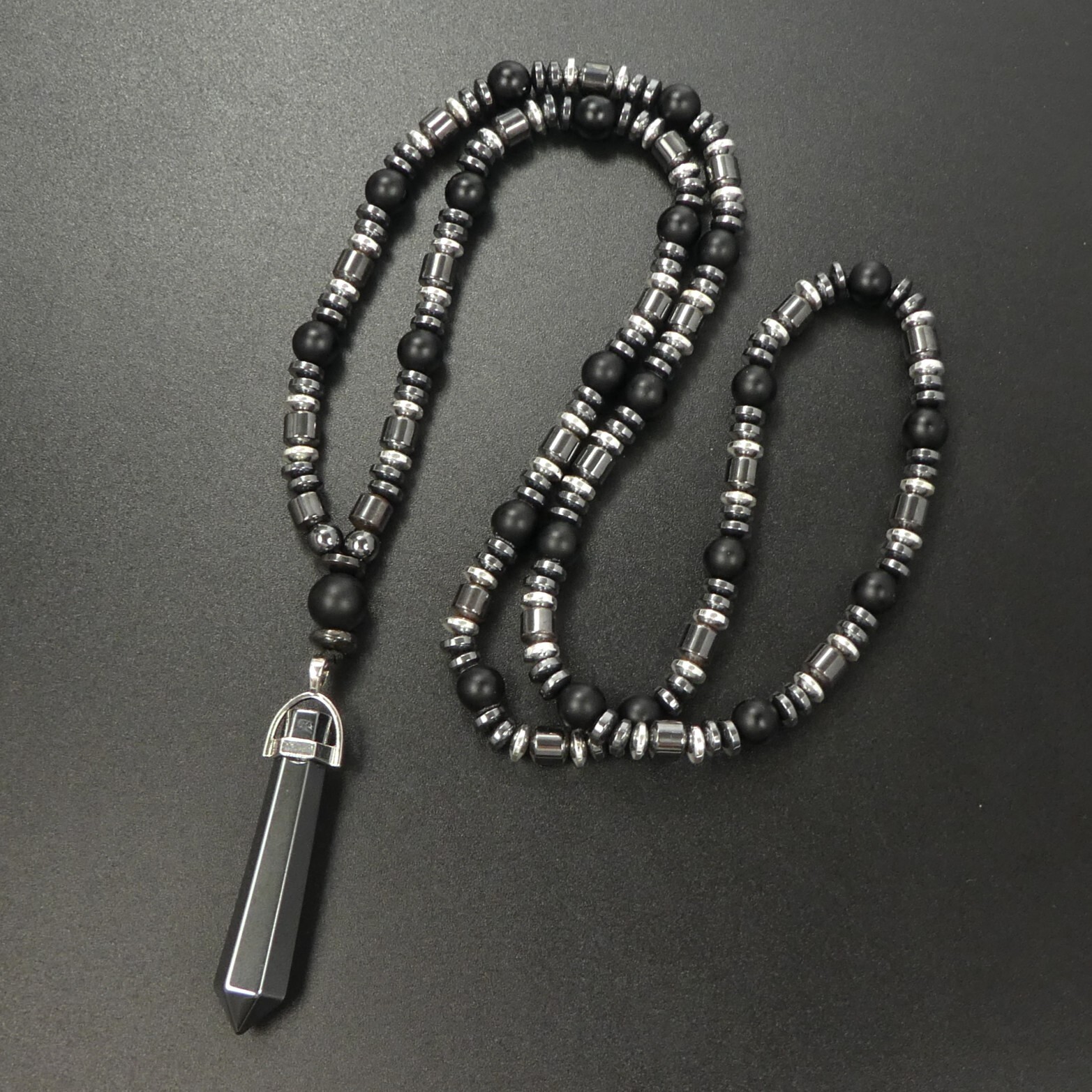 Matte Black Onyx Pointed Hematite Crystal Pendant 29″ Long Necklace Man Gift