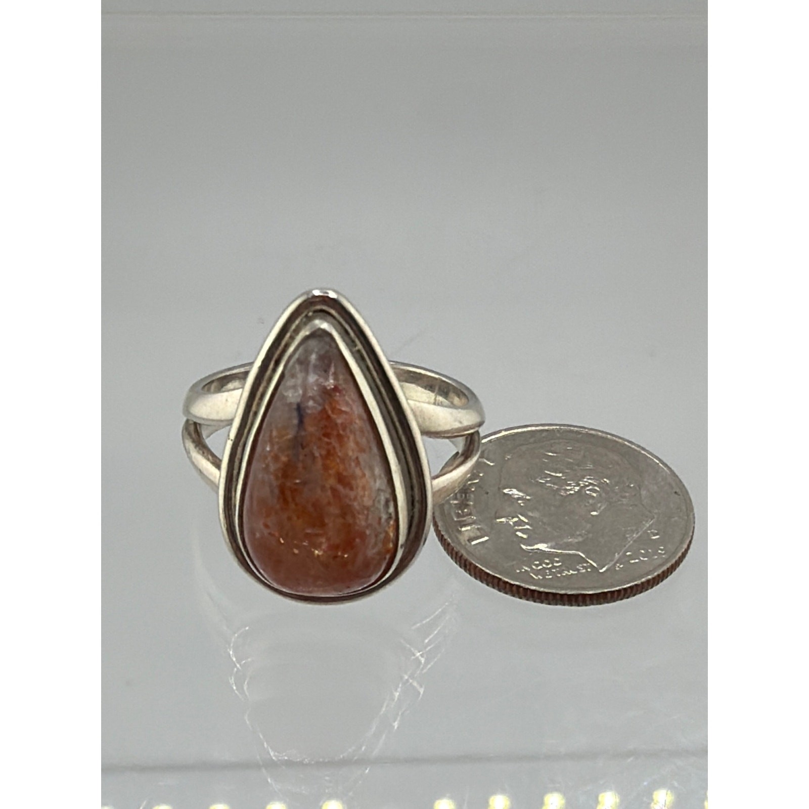 Bohemian Handcrafted Sterling Silver Pear-Shaped Sunstone Ring Size 7