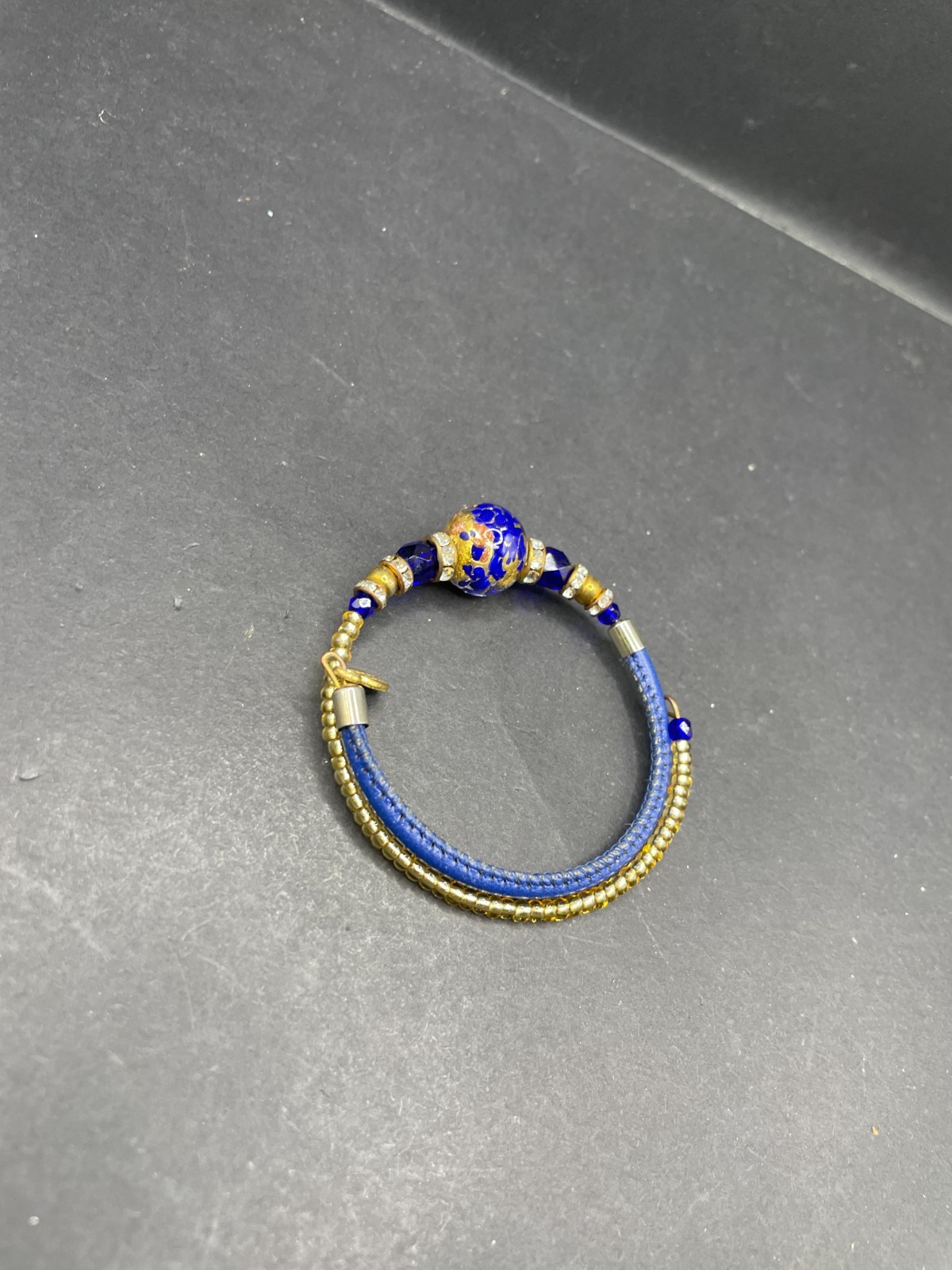 Murano Glass Coil Wrap Bracelet Blue Gold Foil Venetian Bead Rhinestone Leather