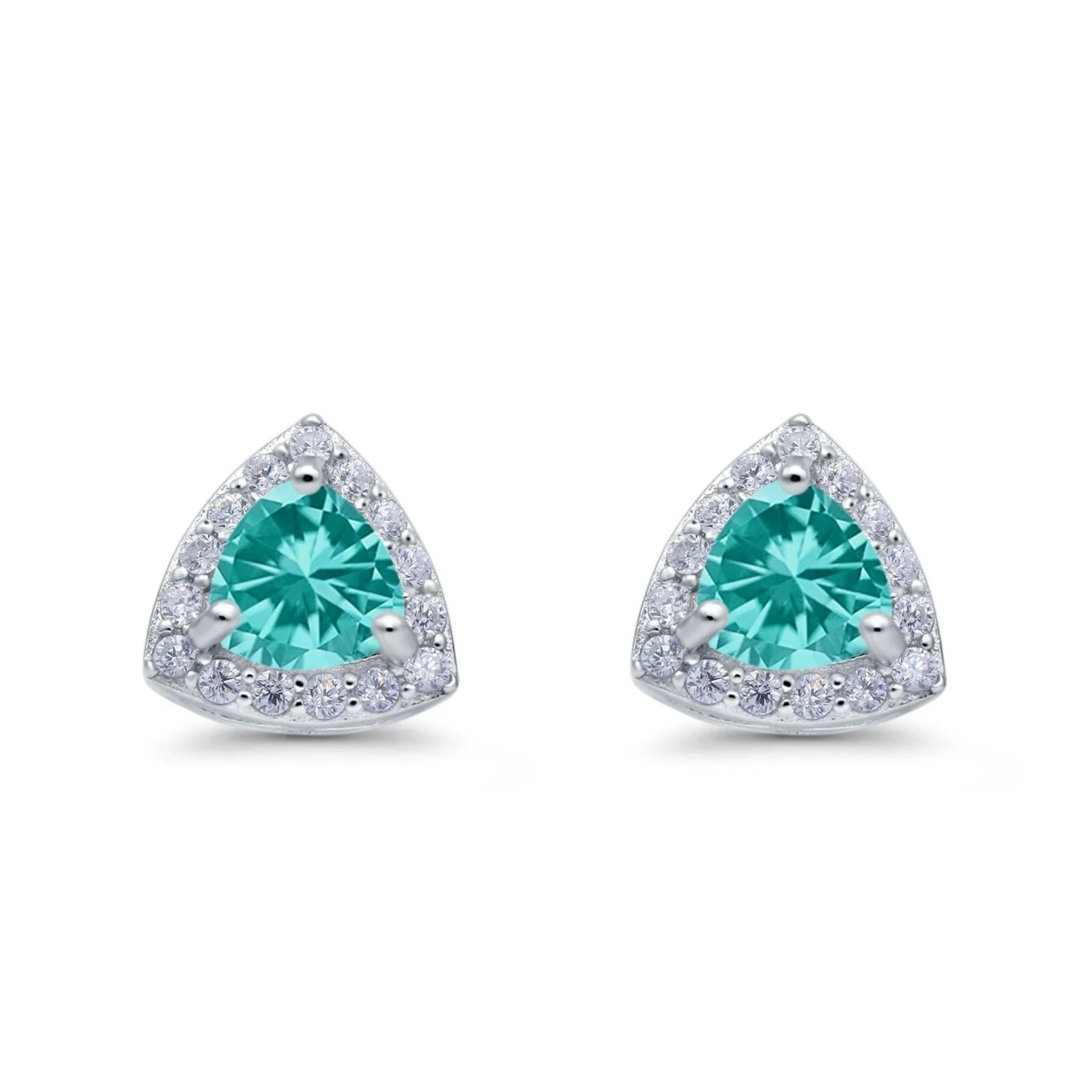 Paraiba Simulated Tourmaline Trillion Halo Stud Earrings – Solid Sterling Silver