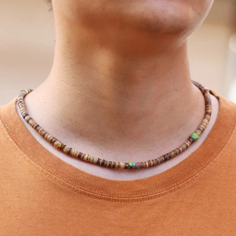 Natural Coconut Wood Necklace 19 Inch Round Bead Rope Chain Men Jewelry