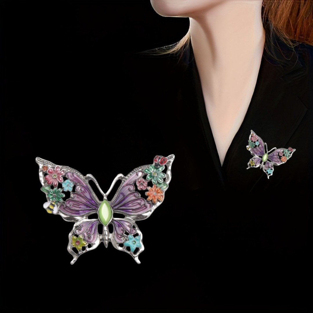 Multicolor Enamel Flower Butterfly Brooch
