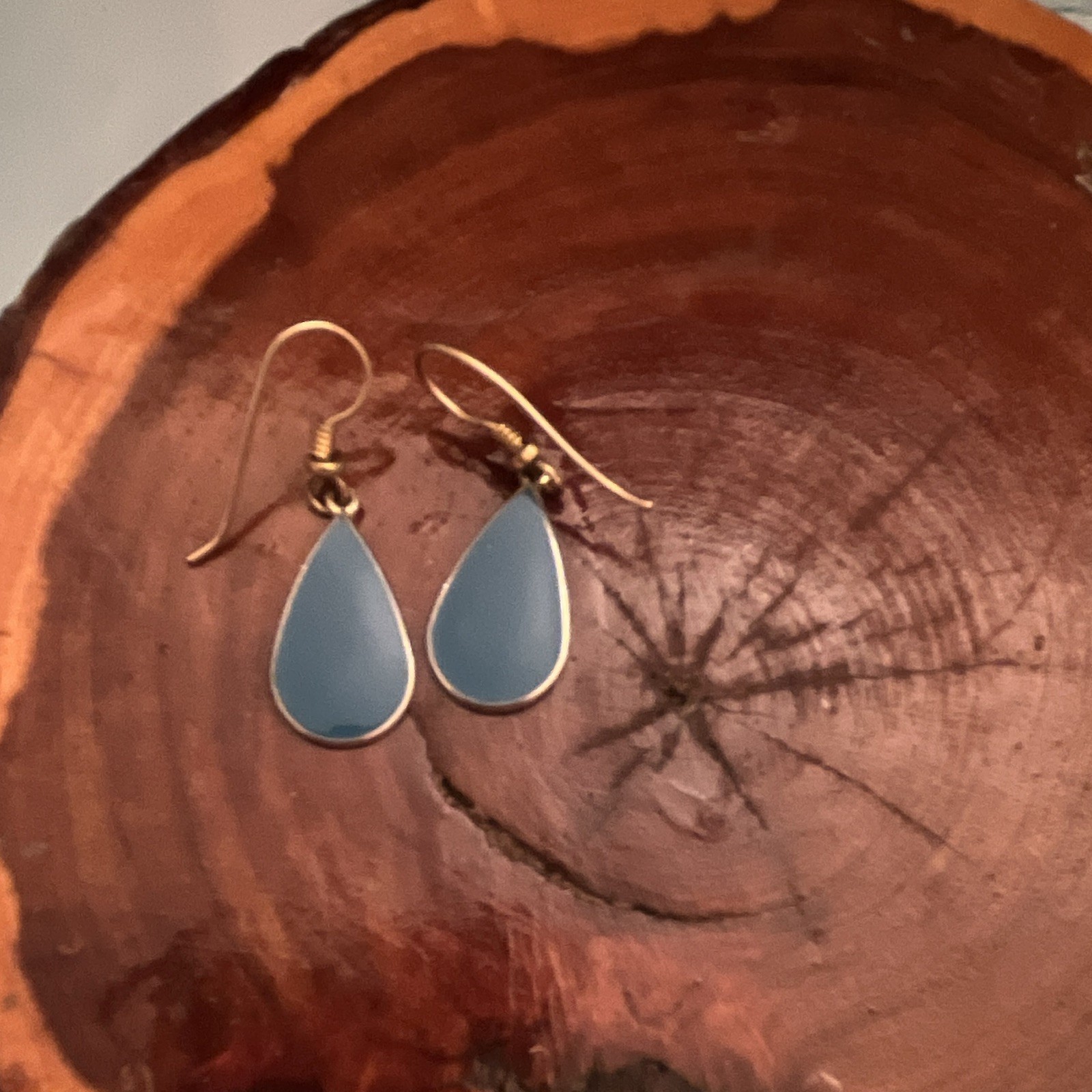 Vintage Laurel Burch Signed “Tear” Drop Earrings Blue Enamel