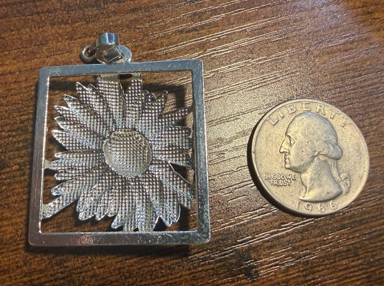 Silver-Tone Metal Square Frame Flower Charm Pendant, No Stone