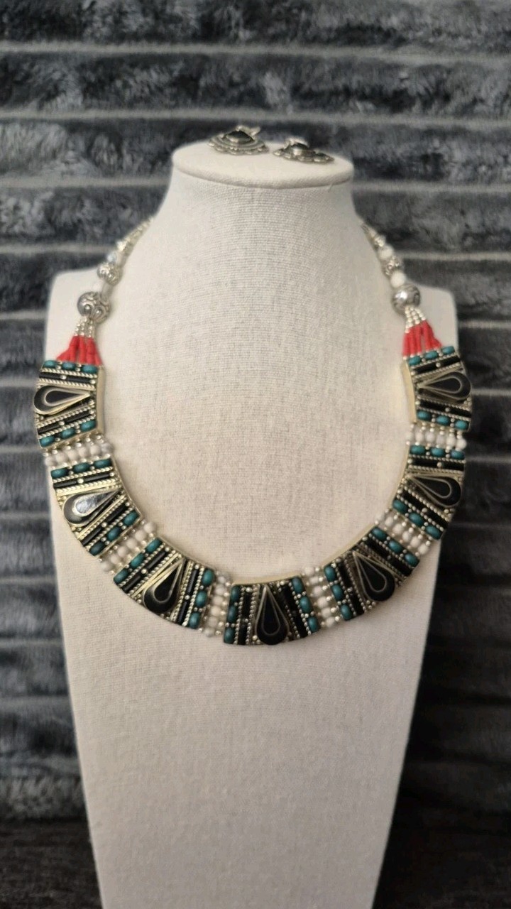 Nepal Tibetan Turquoise Ethnic Coral Turquoise Agate Handmade Necklace & Earring