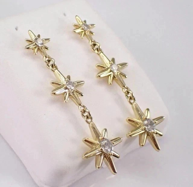 Round Cut Simulated Diamond Star Drop Dangle Earrings 14K Yellow Gold Plated