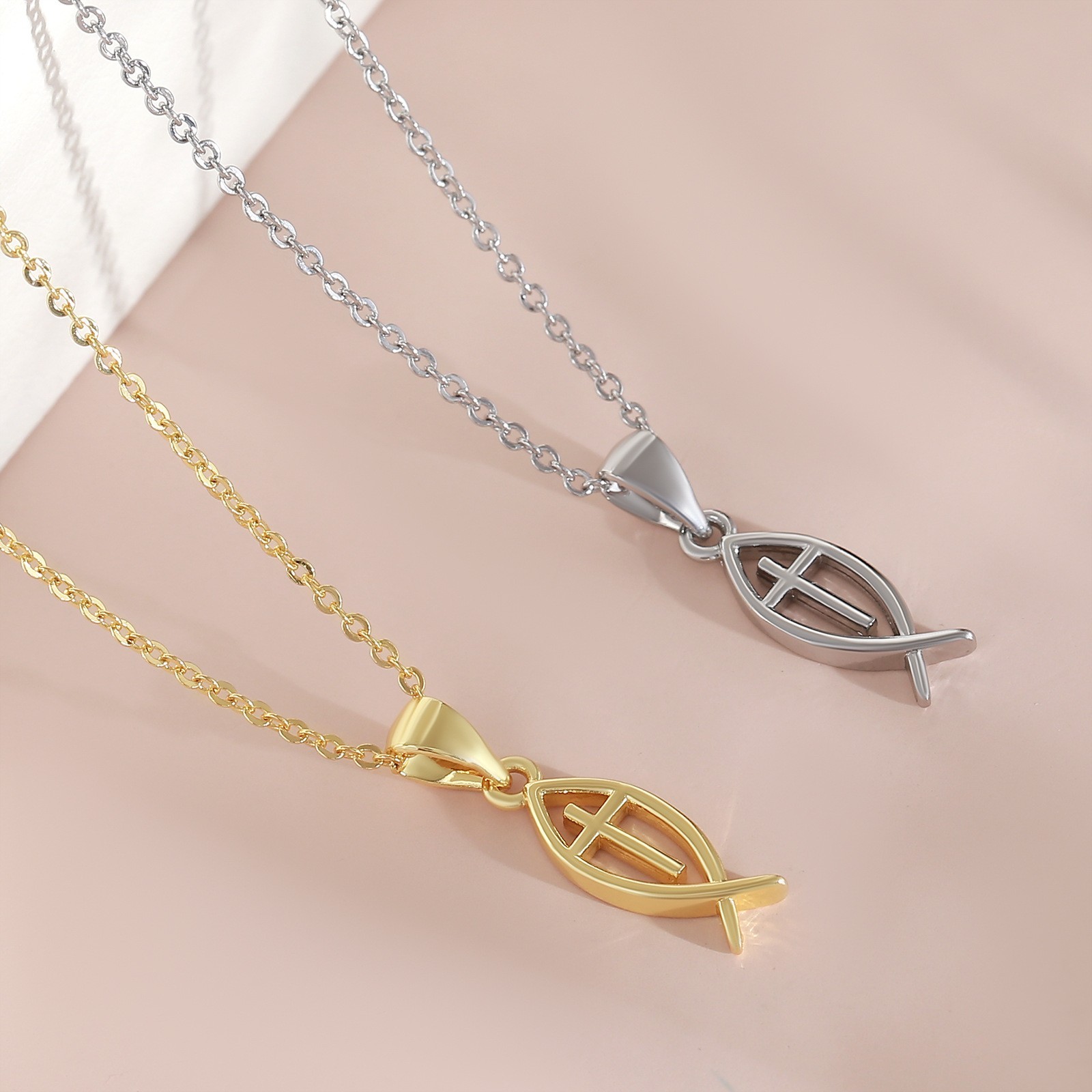 Stainless steel Christian Faith Symbol Fish Hollow Cross Pendant Necklace Gift