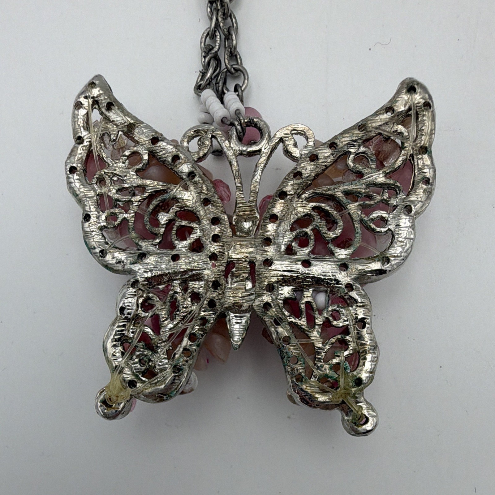 Pink Crystal Beaded Necklace Silver Tone Chain Butterfly Charm Lobster 18+3in