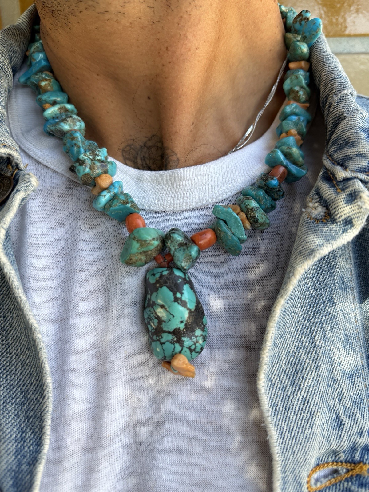 70s VTG Turquoise and Coral Chunky Necklace