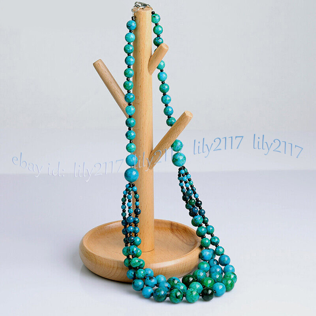 3 Rows Natural Azurite Chrysocolla 4-12mm Round Beads Layered Necklace 18-20”