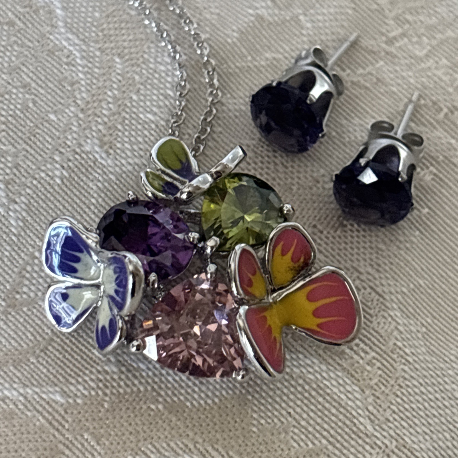 Park Lane Fairytale Pendant 16-18” Silver Tone Purple Pink Green Butterfly & Bns