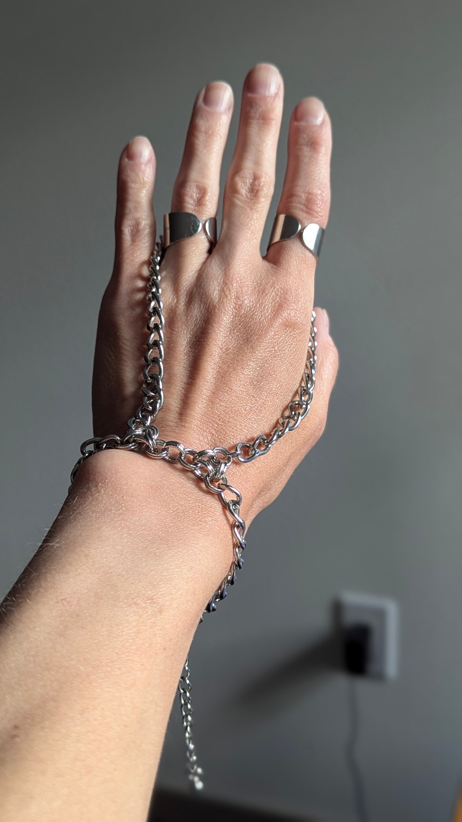 Silver Tone Hand Chain Bracelet Double Ring Slave Bracelet Adjustable Gothic