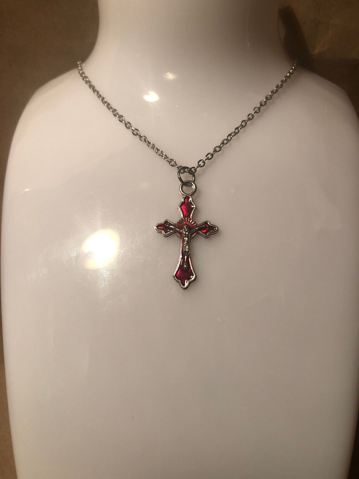 18 Inch Chain, Cross Necklace, Red  Crucifix,  Pendant, Men Woman religious 