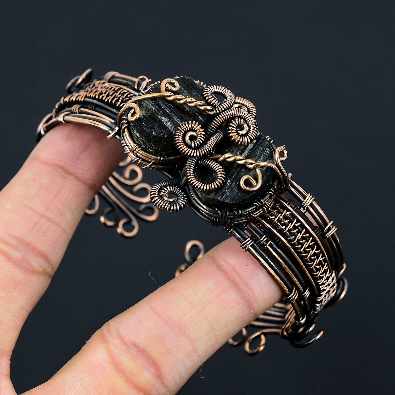 Black Tourmaline Gemstone Handmade Copper Wire Jewelry Adjustable Bracelet Cuff