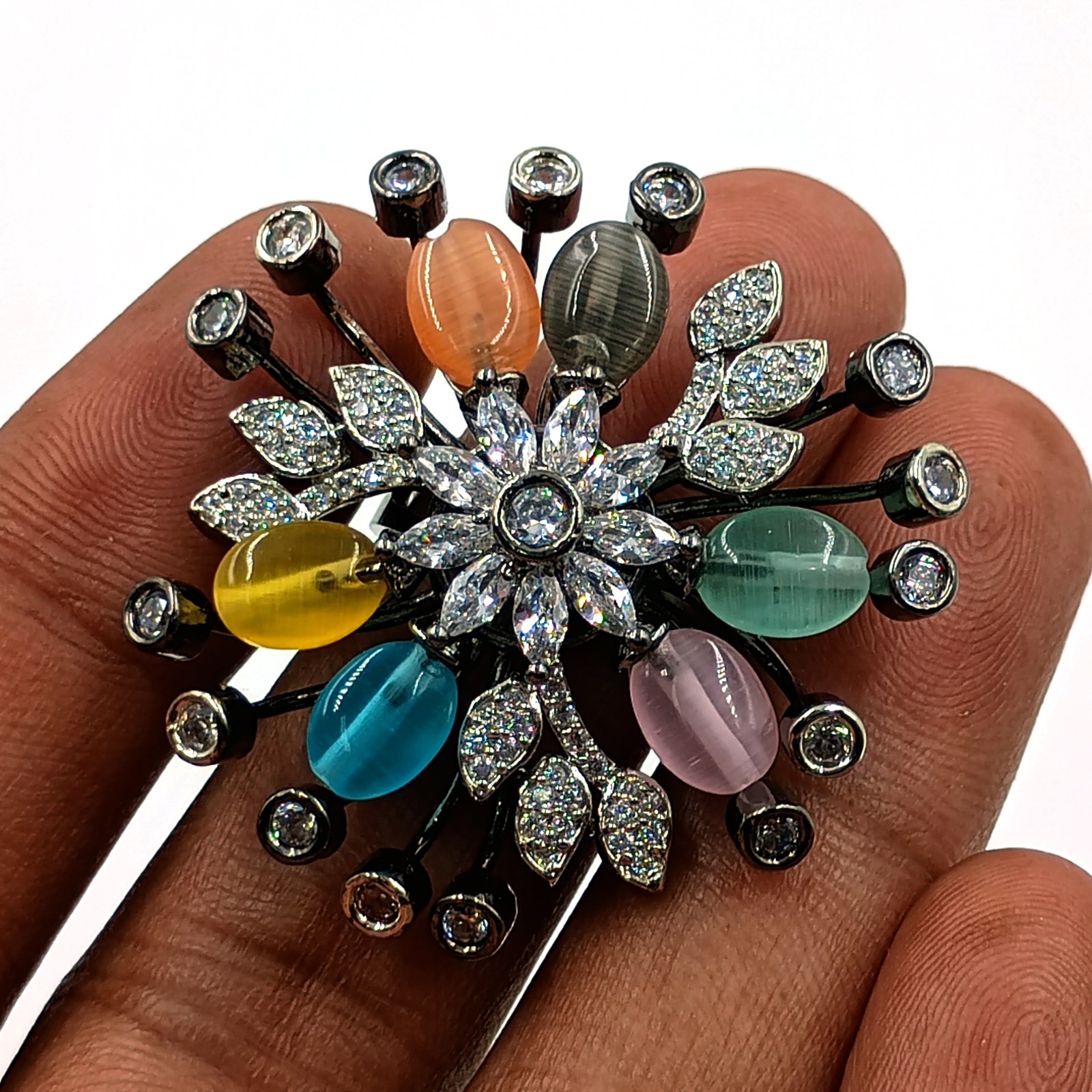 Handmade Multi Stone Ring Adjustable Cubic Zirconia Black Rhodium Plated Boho
