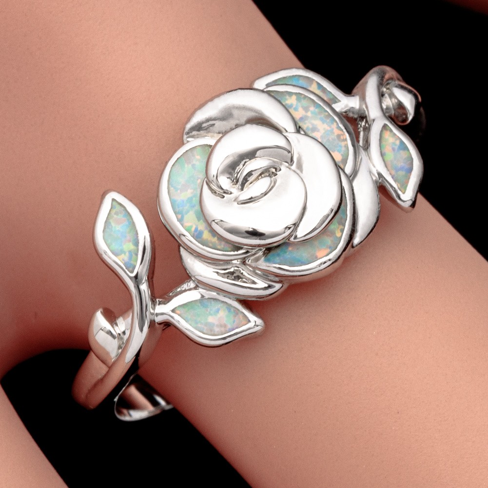 3D Flower White Fire Opal Silver Jewelry Holiday Women Cocktail Ring 6 7 8 9 10
