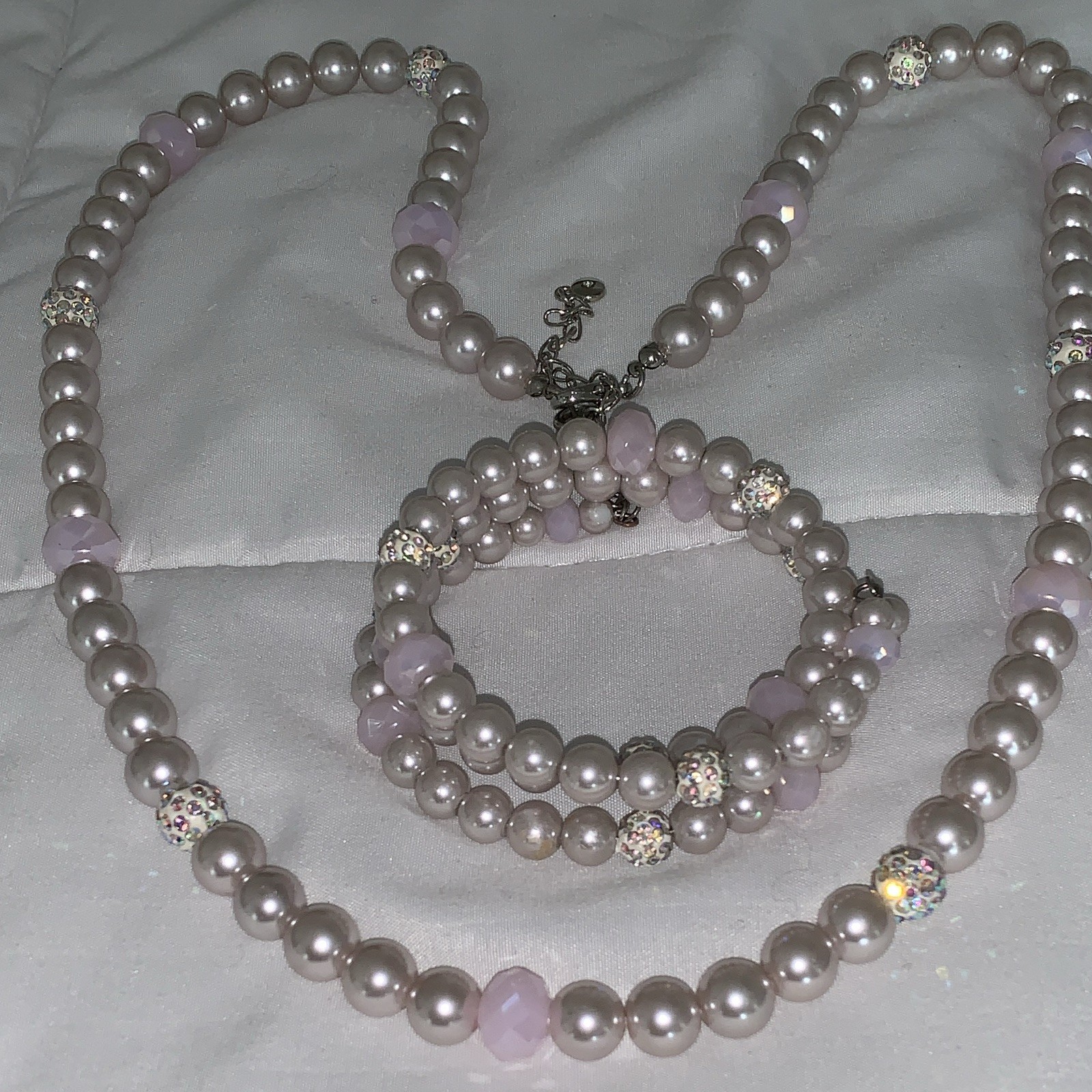 Pink Faux Pearl Jewelry Set Necklace & Bracelet w/ Crystal Rhinestone Spacers