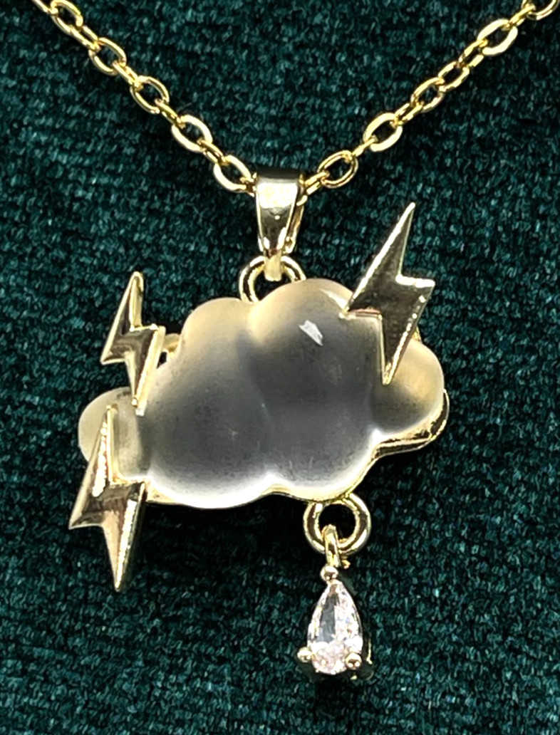 Necklace Iridescent White Cloud w/Gold Tone Lightning Bolts & Zirconia Rain Drop