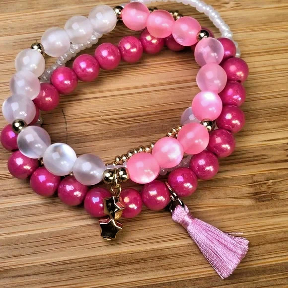 Pink and Gold Beaded Stacking Stretch Bracelet Set, 6.5″