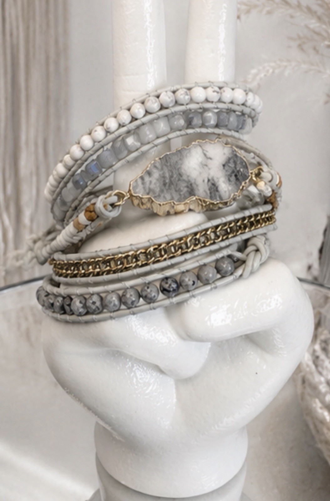 Plumiss Boho Wrap Druzy Bracelet 35” Layered White And Gray Mixed Beads