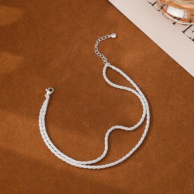 14K Gold/Silver Layered Anklets for Women – Waterproof Sparkly Beach Jewelry