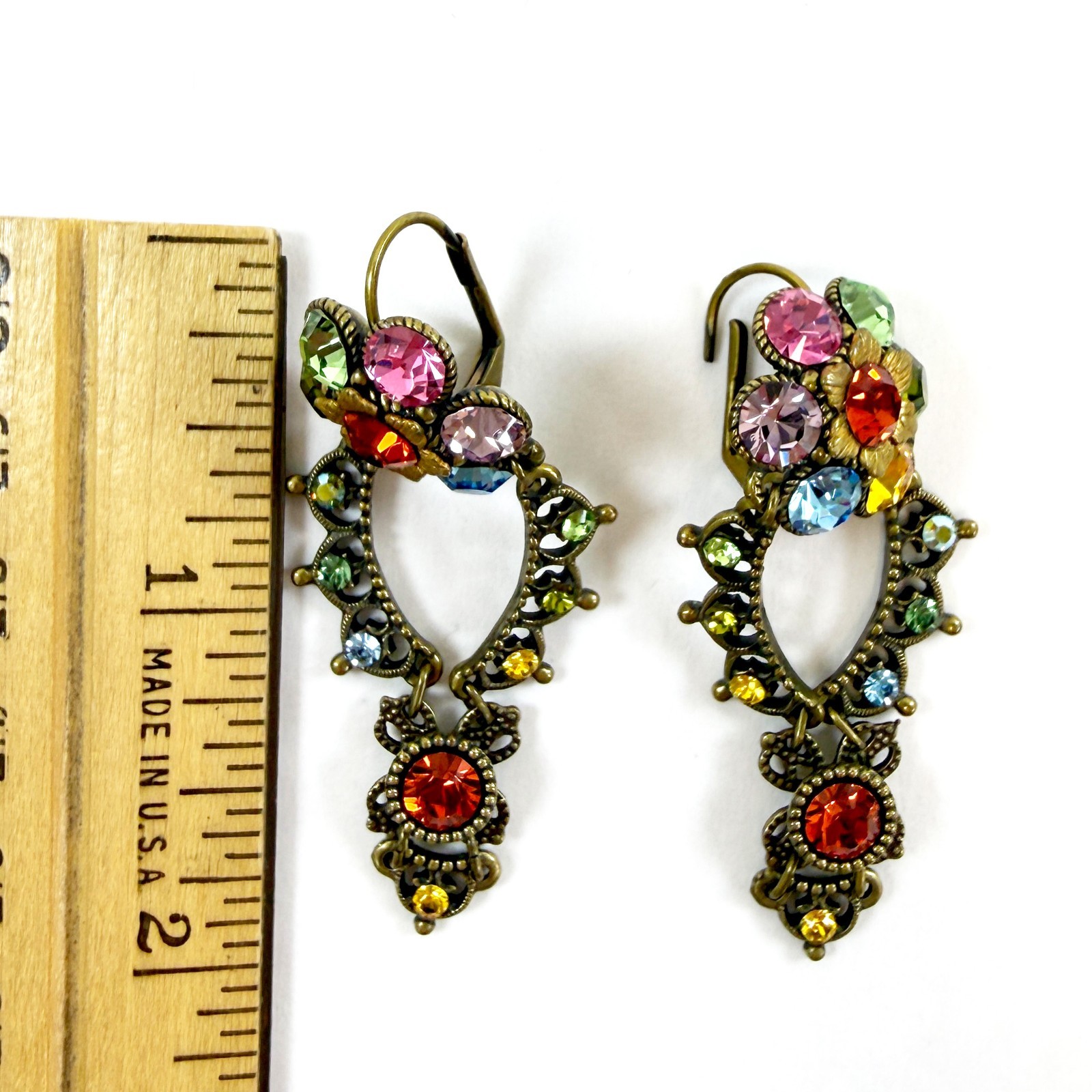 Michal Negrin Red Multicolor Crystal Chandelier Earrings Floral Filigree RARE