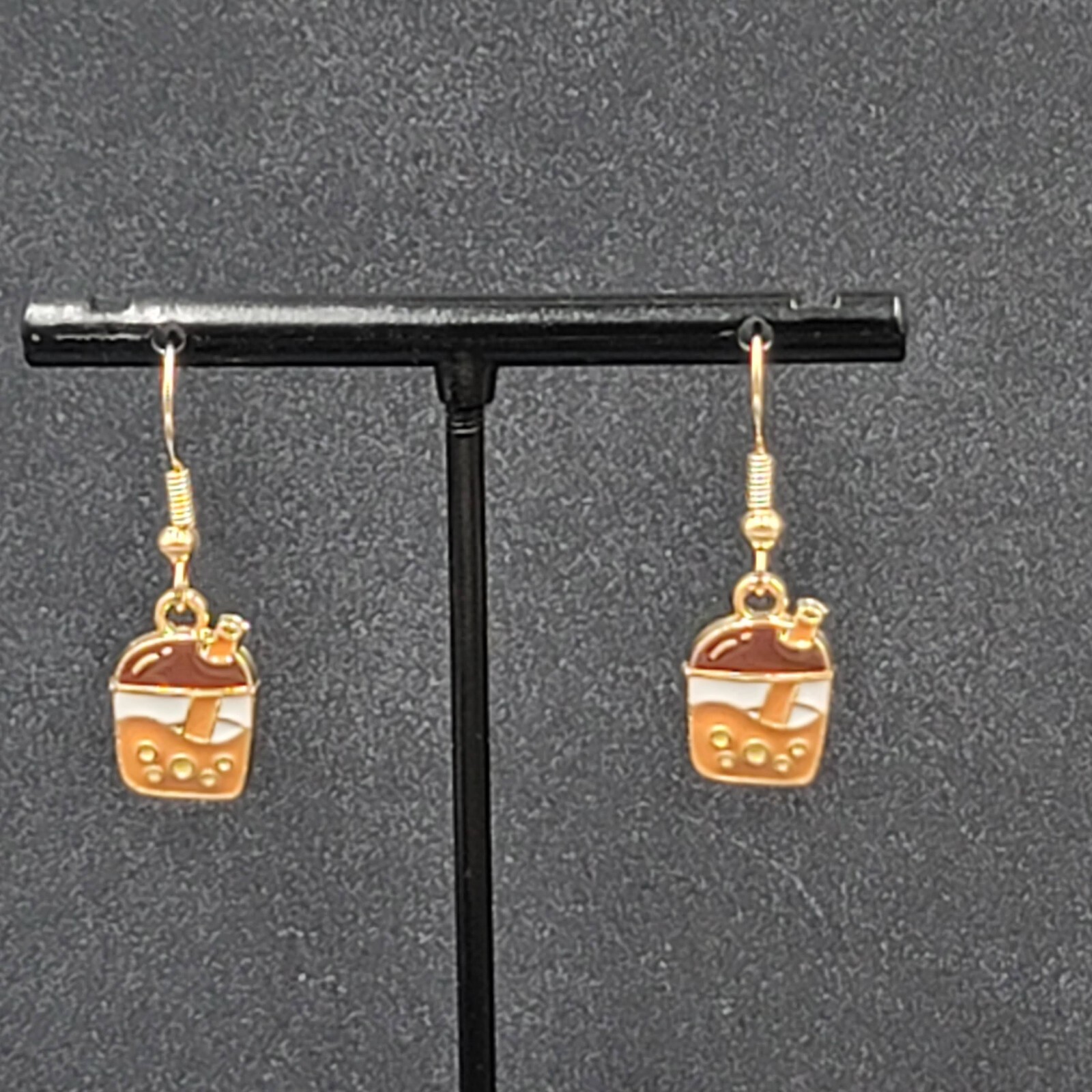 Boba Tea Pierced Earrings Gold tone Coffee Drink Dangle Enamel 1/2″
